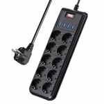 Juhtmega pistikupesa, 2 m kaabel, 10 pistikupesa, 4 kiirlaadimis-USB-porti &ndash; must pistikupesa, tule- ja &uuml;lekoormuskaitsega Euroopa pistikupesa EU Power Board