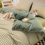 P&otilde;hjala stiilis Jaapani stiilis tr&uuml;kita ruuduline neljaosaline voodilina ja tekikott pestud puuvillast harjatud kolmeosaline komplekt 1.8m fitted sheet 4pcs
