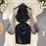 Pearl Chic Elegantne &uuml;hes t&uuml;kis naiste kleit, lapiline kaelus, puhvis varrukatega Bodycon minikleit Naistele Korea seksikas &otilde;&otilde;nsad moodsad &otilde;hukesed kleidid 2024 S must