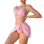 3 tk/komplekt Seksikas naiste bikiinikomplekt Jacquard &uuml;hev&auml;rviline p&auml;itsetega rinnahoidja paeltega stringid Cover Up seelikukomplekt Criss Cross ujumisriided naiste ujumiskost&uuml;&uuml;m S sinine