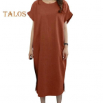 Naiste suvekleit l&uuml;hikeste varrukatega kaelusega avar, sirge k&uuml;lgserv, pehme hingav plusssuuruses vabaaja kesks&auml;&auml;re pikkus, reisimiseks m&otilde;eldud midikleit L tumeroheline v&auml;rv