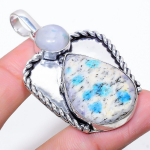 Natural K2 Blue Azurite, Moonstone 925 Sterling Silver Pendant 2.44 k8k13