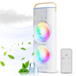 Kahe peaga pihustustorni ventilaator koos Control Mist niisutajaga 180 kraadi reguleeritav 90 kraadi p&ouml;&ouml;ratav laetav valge