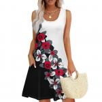Naiste suvine vaba kaelusega lillemustriga kleit varrukateta taskutega L must