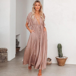 Bikiinid Cover Up Naiste Boheemian Beach Maxi Kleit Puuvillane V kaelus, volangidega Elegantne tuunika Ujumisriided R&uuml;&uuml;, Pikk Naiste One Size khaki