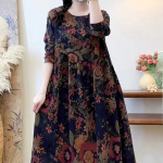 Puuvillane Vanaaegse Mustriga Lilleline Kleit Naised Vabaaja Laiade Varrukatega Kleit Femme Robe Vestidos Elegantne Kevad S&uuml;gis R&otilde;ivad One size