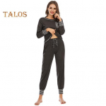2 tk/komplekt Kevad Naiste Top P&uuml;ksid &Uuml;likond Pikad Varrukad &Uuml;mara kaelus Elastne V&ouml;&ouml;koht Lahtised P&uuml;ksid Outfit Kodur&otilde;ivad Riided Pidžaama komplekt &Ouml;&ouml;p&uuml;kste komplekt L tumesinine v&auml;rv