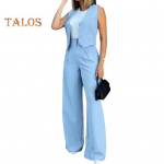 Naiste vestikomplektid Kontoridaamide pidulik kaheosaline komplekt Varrukateta n&ouml;&ouml;bitav bleiser-vest Laiade s&auml;&auml;rtega p&uuml;kste komplekt Suvine t&ouml;&ouml;riietus S helesinine v&auml;rv