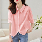 Women's Pure Cotton White Short Sleeve Shirt - Summer 2025 New Loose Splicing Design M