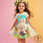 Pidulik kleit t&uuml;drukule Miniso 2025 Uus Suvi Disney LABUBU T&uuml;drukute 3D-tr&uuml;kk Armsad Lastekleidid Lapsele 110