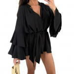 Naiste suvine s&auml;rkkleit, korgiga pikkade varrukatega V-kaelusega l&uuml;hike kleit, &scaron;ifoonist A-joon lipsuga v&ouml;&ouml;kohaga lendav minikleit L must