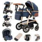 BAZARLAND30.Poussette Luxueuse 3 en 1 pour B&eacute;b&eacute;, Portable, Voyage, Pliable, Cadre Aluminium, pour Nouveau-N&eacute;. Bleu sinine