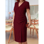 Kevad S&uuml;gis Naiste Must V-kaelusega Wrap Midi Kleit L&uuml;hikeste Varrukatega Kortsutatud Bodycon T&ouml;&ouml;kleit XXL veinipunane v&auml;rv