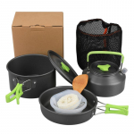 9 tk v&auml;lik&auml;mpingu k&ouml;&ouml;gin&otilde;ud DS310 pikniku toiduvalmistamiskomplekt koos potiga, praepann, veekeetja, plastik (plus accessories) roheline