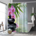 Roosa Orhidee ja Zen Kividega Du&scaron;ikardin Veekindel Lihtsalt Puhastatav Privaatsuskaitse Tr&uuml;kitud Spa Disain Rahulik Loodus 12 Konksu W220H180(CM)-1 Pcs