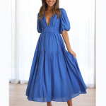 Suvine seksikas s&uuml;gava V-kaelusega pikk kleit naistele Kontori Daami soliidne puhvis varrukatega kleit Moodne vabaaja shirring A-kujuline r&uuml;&uuml; 25816 S sinine