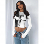 Y2K moodne &uuml;mara kaelusega seksikas pikkade varrukatega 3D rinnapildiga naiste T-s&auml;rk L