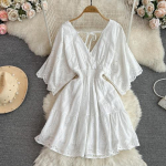 Vintage &otilde;&otilde;nsa tikandiga k&otilde;rge v&ouml;&ouml;kohaga kleit Haldjas A-kujuline l&uuml;hikeste varrukatega kleit &scaron;ikk suvine Beach Vestidos naiste puhkuseks m&otilde;eldud p&auml;ikesekleit One Size