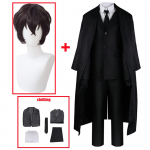 Anime Bungo hulkuvad koerad Dazai Osamu Cosplay kost&uuml;&uuml;m, pikk jope mantel, kost&uuml;&uuml;mid, kost&uuml;&uuml;mid, vormiriietus Halloweeni j&otilde;uluriided L-(Suit+Wig) must