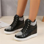 Wedge Heels Kingad naistele Suure suurusega nahast vabaajajalatsid valged mustad rhinestones k&otilde;rged tossud naiste vulkaniseeritud paelad 36 must