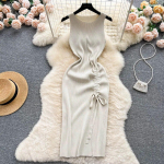 Moodne suvine Bodycon silmkoeline kleit Seksikas komplekt puusad, n&ouml;&ouml;riga l&otilde;hestatud must naiste kleit Lihtne naiste pidulik kleit One Size beež