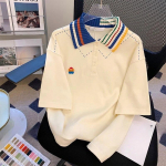 Preppy Style valge polo kaelusega T-s&auml;rk suvine vaba vabaaja naiste l&uuml;hikeste varrukatega T-s&auml;rk Korea toidu &uuml;lisuure stiiliga top onesize valge