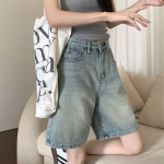 Naiste teksap&uuml;ksid k&otilde;rge v&ouml;&ouml;kohaga Vintage pestud sirge lai jalg Puhasv&auml;rviline nupp T&otilde;mblukk T&auml;navar&otilde;ivad P&otilde;lvepikkused Teksad L&uuml;hikesed p&uuml;ksid Suures suuruses XXL sinine