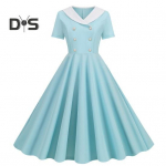 Naiste Ballikleit Vinatge 50ndate &Otilde;htukleit A-l&otilde;ik Suure seelikuga L&uuml;hikeste varrukatega V-kaelus N&ouml;&ouml;bikaunistus Imitatsioon Kaherealine Peidetud lukk &Uuml;hev&auml;rviline XL helesinine v&auml;rv