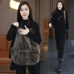 S&uuml;gistalvise naiste vabaaja p&uuml;kste &uuml;likonnad Paks velvetist komplektid mood Lisa samet soe l&uuml;hike jope + haaremi p&uuml;ksid kaheosaline komplekt XXXXL must