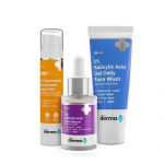 The Derma Co Aknevastane Komplekt | Nahahooldusrutiini Komplekt | 1% Salits&uuml;&uuml;lhappega Geel + 2% Salits&uuml;&uuml;lhappega Seerum + 1% H&uuml;aluroonhappega P&auml;ikesekaitse Akva Geel