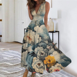 Naiste pikk kleit Maxi Kleit vabaaja kleit Swing Kleit Line Kleit Moodne T&auml;navar&otilde;ivad &Otilde;ues Kuup&auml;evaprint Varrukateta V-kaelusega kleit XL roheline