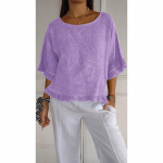 Suvine l&uuml;hikeste varrukatega &uuml;mmargune kaelus, puuvillane linane pluus, vaba &uuml;hev&auml;rviline naiste s&auml;rk XXL helelilla v&auml;rv