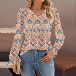 Women's Daily Casual Long-sleeved Striped Printed v-neck Top XXXL