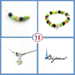 Pierres et Min&eacute;raux. Parure Bracelet Collier perles Agate noire + Tourmaline melon d'eau + Taille personnalisable.