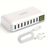 60W 8-portaline USB kiirlaadija QC3.0 jaotur Nutikas kiirlaadimine LED-ekraaniga Mitme USB-laadimisjaam Mobiiltelefon Lauaarvuti Kodu EU Plug valge