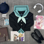 Hatsune Miku taljesse klammerduv puffvarrukatega meremehe&uuml;likond: Autentne JK vormiriietus salendava kolmeosalise disainiga S