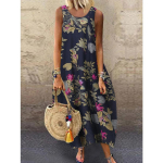 Naiste retropuuvillane linane lilledega tr&uuml;kitud vestikleit Vintage vabaaja suvine p&auml;ikesekleit O kaelusega varrukateta &uuml;lisuured maxi pikad kleidid XL roosa