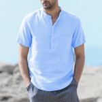 Meeste T-s&auml;rk puuvillane linane l&uuml;hikeste varrukatega T-s&auml;rk rannapuhkuse vabaaja t&auml;navar&otilde;ivad &otilde;hukesed kerged hingavad topid XXXL taevasinine v&auml;rv