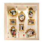 Iseenda meisterdatav miniatuurne pildiraam Muuseumi siluetikarp Valgustatud Personaalne pere m&auml;lestuste vitriiniraami komplekt 8 miniatuurse kujukese ja 8 kuldse pildiraamiga beige