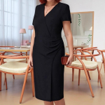 Kevad S&uuml;gis Naiste Must V-kaelusega Wrap Midi Kleit L&uuml;hikeste Varrukatega Kortsutatud Bodycon T&ouml;&ouml;kleit 3XL must