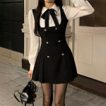 Pehme T&uuml;druk Kawaii Minikleit V&otilde;lts Kaheosaline Kleit Naistele Preppy Stiil N&ouml;&ouml;pide ja Kardina&auml;&auml;rega Pikkade Varrukatega A-l&otilde;ikeline Minikleit S must