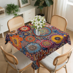 V&auml;rviline ruudukujuline mandala laudlina Pestav abstraktne geomeetriline laudlina kate s&ouml;&ouml;gipeoks, peoks, piknikuks 152x152cm brown