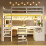 K&otilde;rgvoodi, 90x200 ja 140x200 cm, M&auml;nnipuit, Sahtlite ja Lauaga, Varustatud Pegboardi Kinnituss&uuml;steemiga, Sisaldab LED Valgusriba, Ilma Madratsita 205 x 151 x 170 cm valge