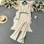 Vintage Hepburni stiilis kootud Crewneck l&uuml;hike pikkade varrukatega topp + k&otilde;rge v&ouml;&ouml;kohaga Slim Drape poolitatud p&uuml;ksid s&uuml;gis- ja talve&uuml;likond One Size beež