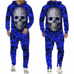 Uudne Skull Flower 3D prinditud 2-osaline dressikomplekt meeste lahe kapuuts + p&uuml;ksid s&ouml;rkimiskost&uuml;&uuml;m Unisex hip-hop vabaaja t&auml;navariided XL sinine