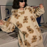 V&auml;ike karu Mustriga karvane kapuuts Talvine Soe Plush magus Pullovers Naine Vintage korea stiilis avar kampsun M valge