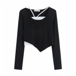 Ebakorrap&auml;rane T-s&auml;rgi disain Naiste pikkade varrukatega topp kaelapaelaga Slim &Otilde;huke Patchwork V&otilde;lts Kaks Osa Kuummagus Suvi XL