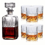 7tk/komplekt Viski Suletud Pudel ja Klaaside Komplekt 33.81oz Premium Pudel 6tk Veiniklaasidega Veiniklaasi Dekanteri Komplekt Sobib Viski Br&auml;ndi &Scaron;oti jaoks 7-Pack [Grid Style]