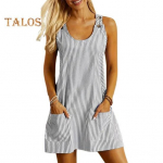 Suvine naiste p&auml;ikesekleit O kaela Triibuline Print Varrukateta Taskud Lahtiste n&ouml;&ouml;pidega Dekoratsioon Igap&auml;evane riietus Minikleit Tutvumisleht Puhkuse l&uuml;hike kleit M