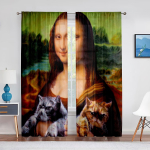 Mona Lisa ja naljakad kassipojad maalivad magamistoa aknakardina jaoks t&uuml;llkardinat Luksuslik kohvik Hotellide sisustus Elutoa l&auml;bipaistev kardin 1 PCS W100XH250cm&Rod Pocket
